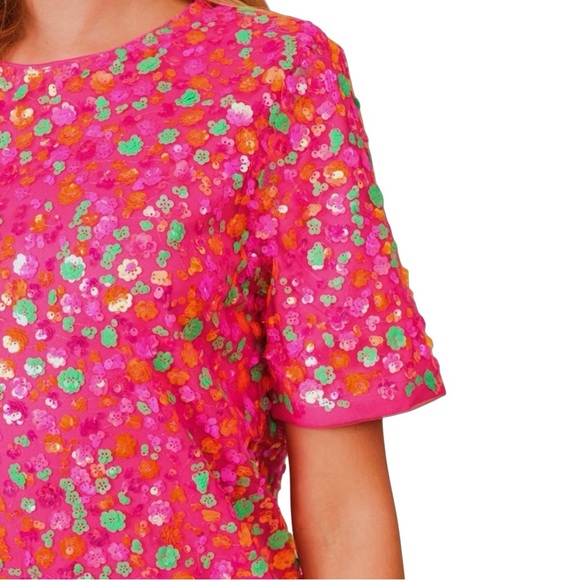 NEW blue b Hot Pink Orange Green Allover Flower Shaped Sequin Tulle Mini Dress S - Picture 5 of 5